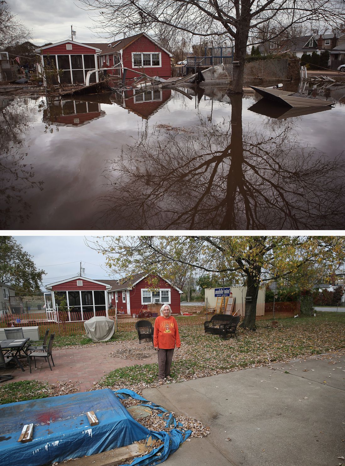 [Top] Water continues to flood a neighborhood on November 1, 2012 in the Ocean Breeze area of the Staten Island borough of New York City. [Bottom] Janet Hague stands in her back yard on October 17, 2013.